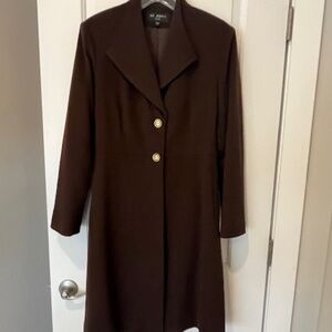 Classic ST JOHN Brown Wool Midi Coat Sz12 Old Money Quiet Luxury Dark Academia